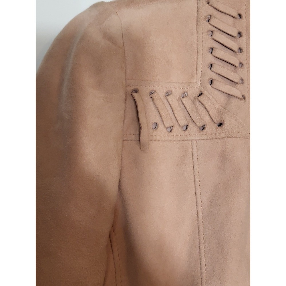 White House Black Market Suede Fringe Jacket Tan Boho Whipstitch Leather Small - Picture 8 of 8